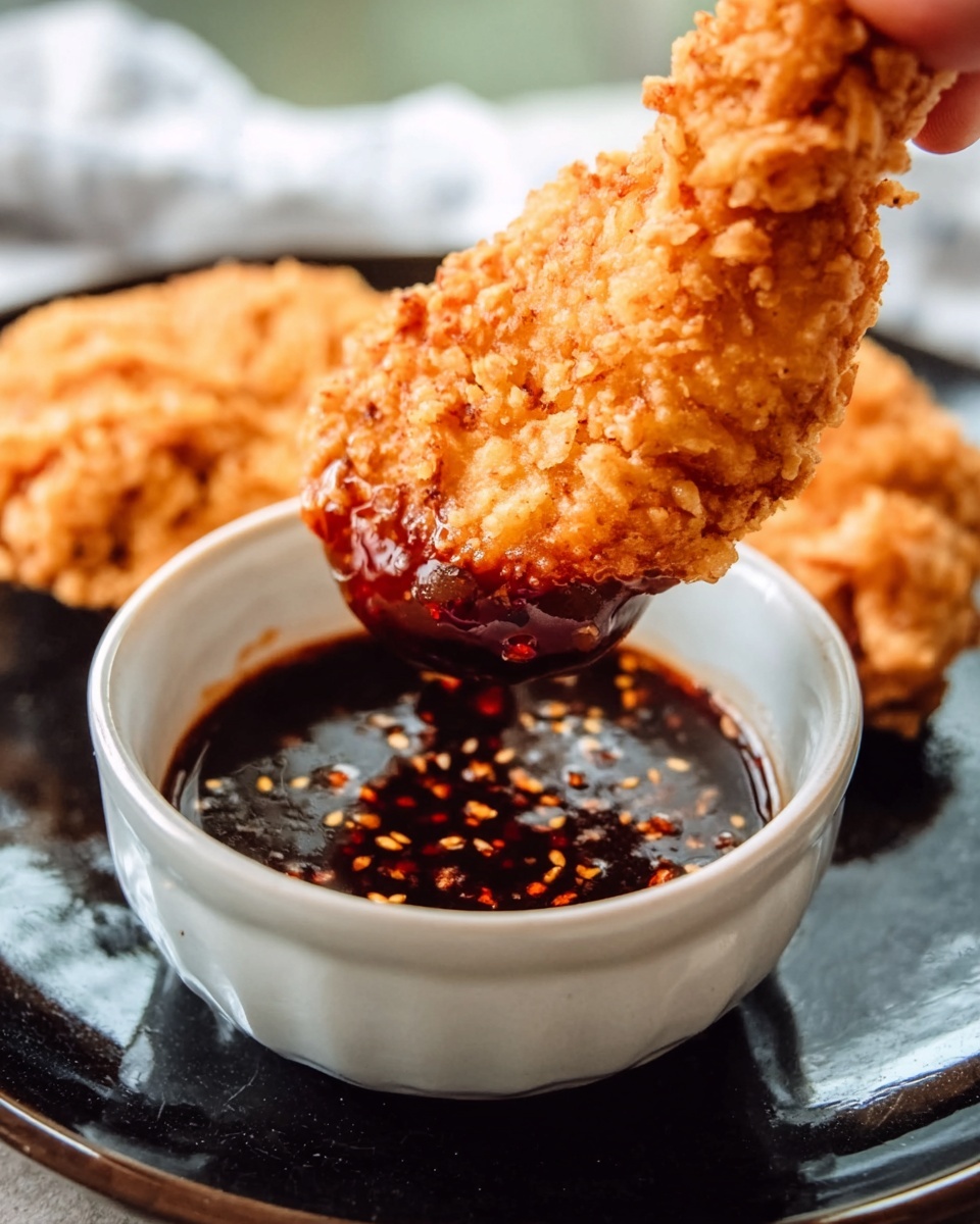 A close-up of a piece of crispy fried chicken dipped into a small white bowl filled with dark brown sauce with visible small seeds and bits. The chicken is golden brown with a crunchy texture, held by a woman's hand above the bowl. The bowl is placed on a shiny black surface with a slight reflection. In the background, there is another piece of fried chicken out of focus. The overall setting is bright with natural light. Photo taken with an iphone --ar 4:5 --v 7