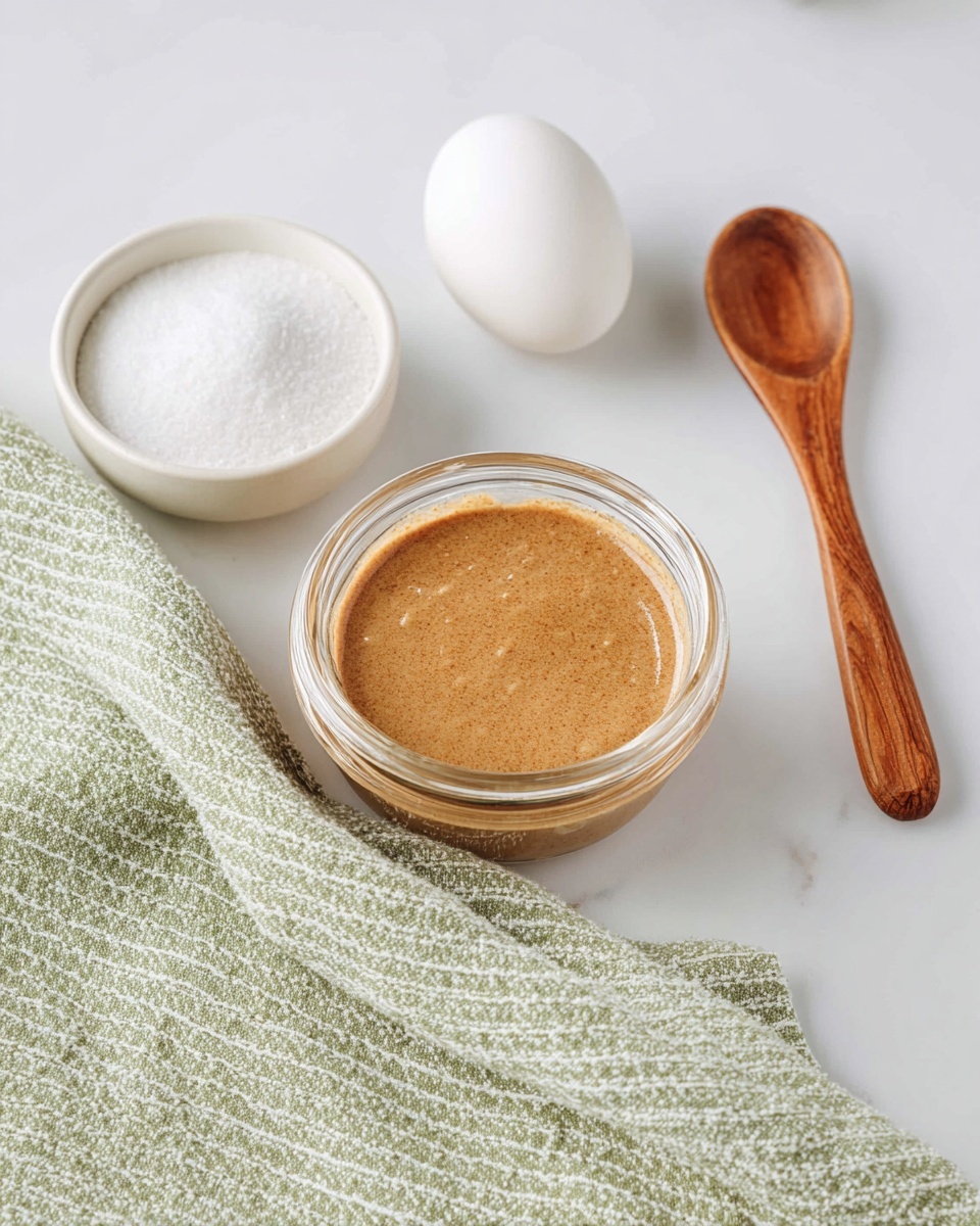 A clear glass bowl holds a thick light brown creamy mixture with small pieces mixed in, sitting on a white marbled surface. Next to the bowl is a white egg and a white bowl filled with granulated white sugar. A wooden spoon with a smooth brown finish and a round head is also placed on the surface, and a green and white striped textured towel is spread nearby. The whole setup looks clean and simple with soft natural lighting. photo taken with an iphone --ar 4:5 --v 7