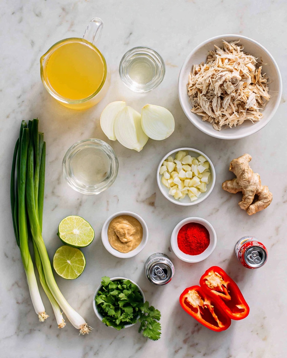 The image shows many fresh ingredients arranged on a white marbled surface. On the top left, there is a clear glass jug with light yellow liquid. To the right of it, there is a white bowl filled with shredded light brown chicken. Below these, two halves of a white onion sit side by side, with a small glass containing a clear liquid nearby. A small white bowl contains chopped garlic, while another small white bowl holds sliced white mushrooms. Green onions with long green stalks lie on the bottom left side. Next to them are two small white bowls, one with beige paste and the other with a red paste. Bright red bell pepper halves with visible seeds are on the right, and a piece of ginger root rests near the peppers. A small bowl with lime halves and green cilantro is placed toward the center of the image. Two opened cans and a small bottle with a red cap are near the center-left side of the image. photo taken with an iphone --ar 4:5 --v 7