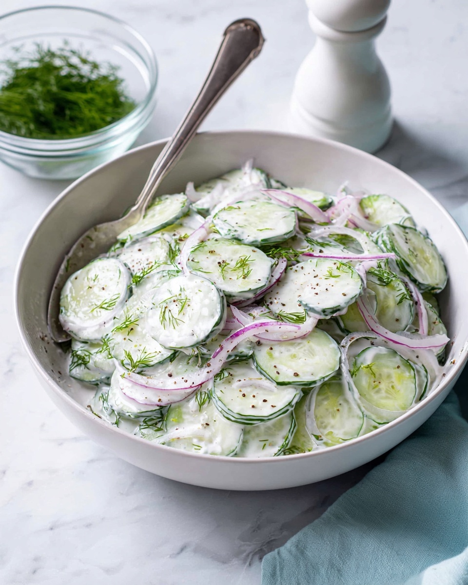 Creamy Cucumber Salad Recipe 5 A white bowl filled with a creamy cucumber salad showing three main layers: thin, round, pale green cucumber slices with dark green edges spread all around; thin strips of light purple onion mixed throughout the cucumbers; all coated in a thick white creamy sauce with small green dill leaves sprinkled on top and inside, along with black pepper dots scattered across the surface. A silver spoon is digging into the salad from the left side of the bowl. In the background, there is a small glass bowl filled with fresh green dill and a white pepper grinder, all placed on a white marbled surface, with a soft light blue cloth partially visible near the bottom right. Photo taken with an iphone --ar 4:5 --v 7