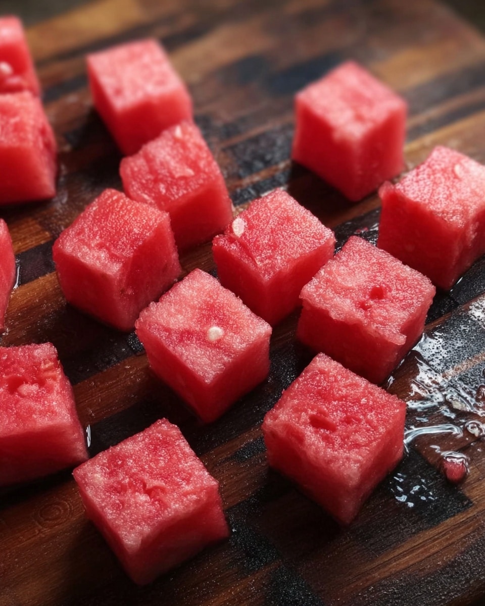 This image shows small, wet red cubes of watermelon scattered on a dark wooden surface with visible wood grains. The watermelon pieces have a fresh, juicy texture, some showing tiny white seeds and rough edges. The cubes are arranged loosely with some pieces closer together and others spaced apart. The wooden surface contrasts with the bright red fruit, and there is some light reflecting off the moist surface of the watermelon cubes. photo taken with an iphone --ar 4:5 --v 7