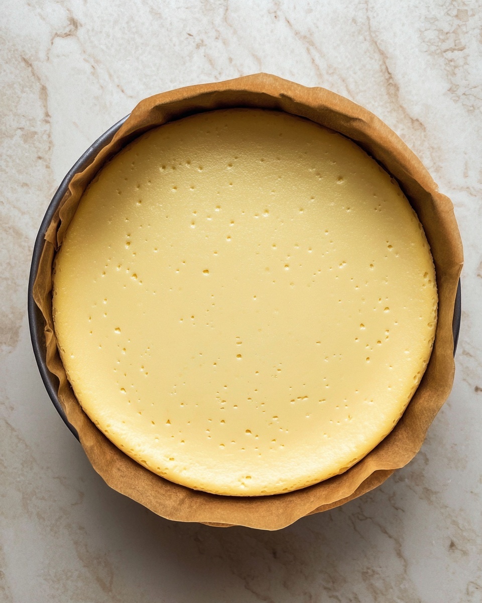 A round cheesecake with a smooth, light yellow top layer fills a round baking pan lined with brown parchment paper that rises slightly above the cake edges. The cheesecake surface is even with tiny air bubbles scattered across it, and it sits on a white marbled countertop with soft natural light highlighting the creamy texture. photo taken with an iphone --ar 4:5 --v 7