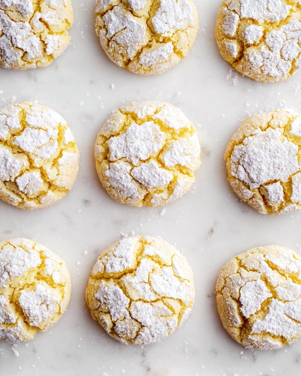 Nine round yellow cookies with cracked surfaces are spaced evenly on a white marbled background. Each cookie is dusted with a thick layer of white powdered sugar, which has settled into the cracks and crevices, giving a textured look. The cookies appear soft and slightly puffy, with uneven edges and a light golden color showing beneath the sugar coating. The top-down view emphasizes the symmetrical grid arrangement of the cookies. photo taken with an iphone --ar 4:5 --v 7