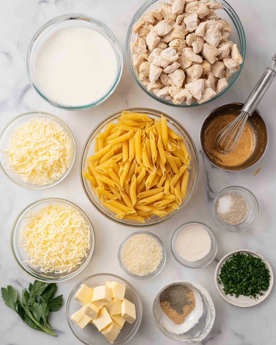 The image shows several clear glass bowls arranged on a white marbled surface, each filled with different cooking ingredients. The largest bowl contains dry yellow penne pasta, placed near the center right. Above it, another large bowl is filled with cooked cubed chicken pieces that are lightly browned. To the left of the chicken, a large bowl holds white liquid, likely milk or cream. Below the pasta bowl is a small metal measuring cup filled with grated cheese. Next to the chicken, there is a medium bowl containing shredded mozzarella cheese, and above that a smaller bowl with shredded Parmesan cheese. Several small bowls are scattered around holding various ingredients including butter chunks, a white creamy substance, white flour, minced garlic, salt, a beige powder, and dried seasoning. There are two green herbs near the top right and bottom left corners. On the top right, a white bowl with a dark rim contains a smooth brown liquid and a whisk inside. Photo taken with an iphone --ar 4:5 --v 7