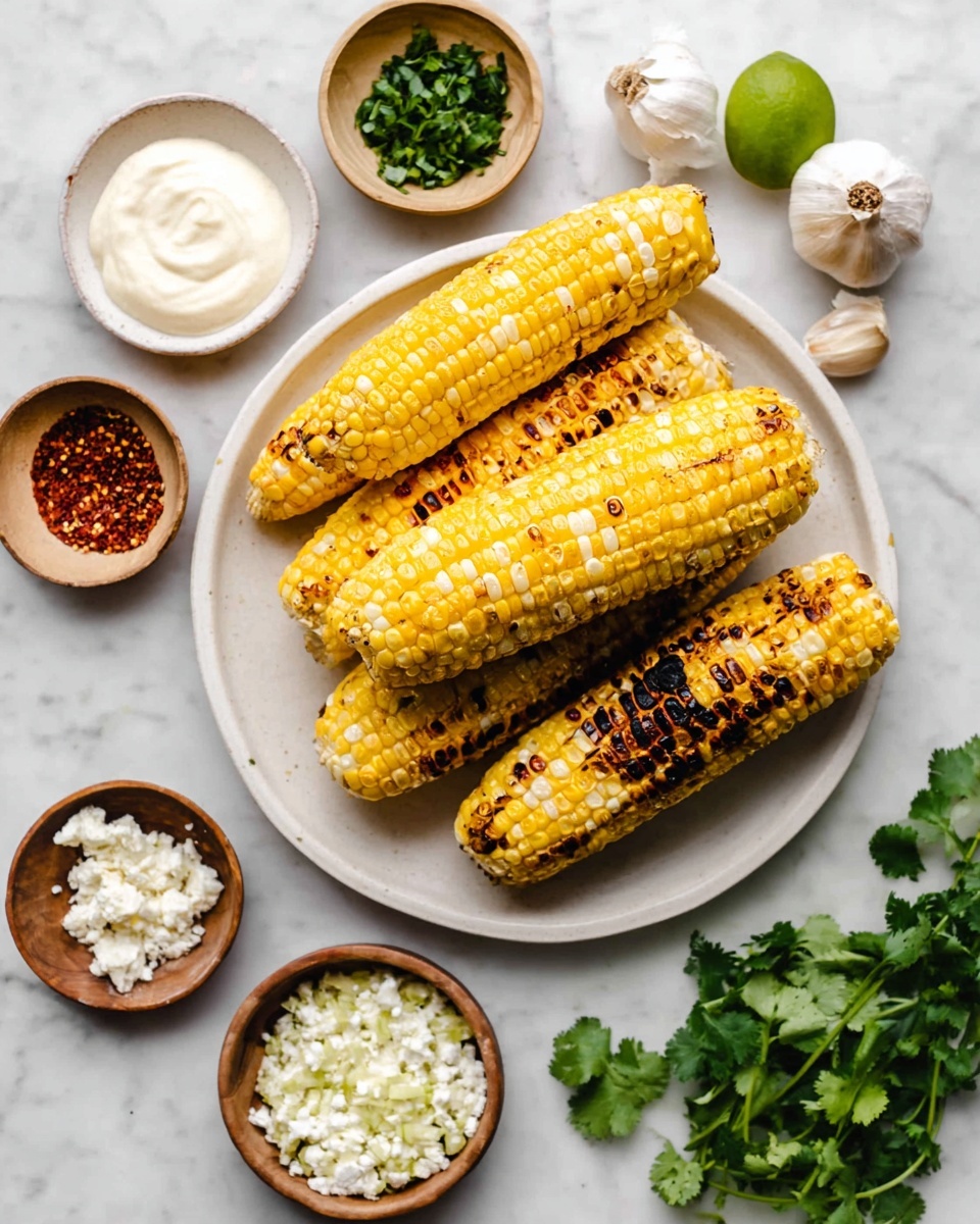 Five pieces of grilled corn with yellow and white kernels and charred black spots are stacked on a white plate in the center. Around the plate, there are several small bowls: one with creamy white sauce, one with red, white, and black spices, another with chopped green herbs, a fourth with minced garlic, and a last one with white crumbled cheese. A green half lime and a peeled garlic clove are near the top, and a few sprigs of fresh green cilantro lay at the bottom right. The scene is set on a white marbled surface. Photo taken with an iphone --ar 4:5 --v 7