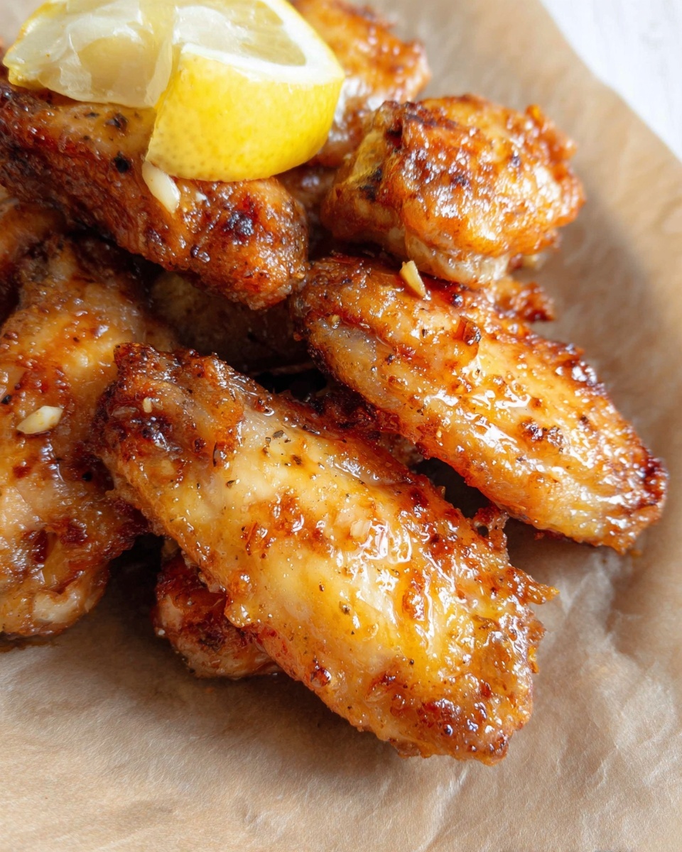 The image shows several golden-brown chicken wings stacked closely together on light brown parchment paper. The wings have a shiny, slightly crispy texture with visible seasoning and small bits of garlic. On top of the wings, there is a small wedge of lemon with a pale yellow color. The background surface is a white marbled texture. Photo taken with an iphone --ar 4:5 --v 7