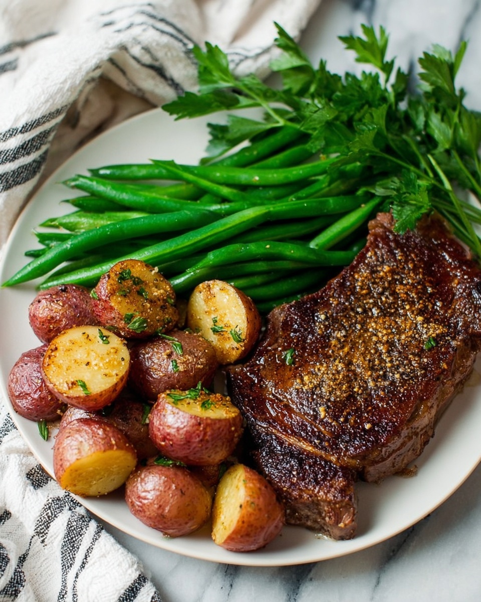 The dish shows a white plate with three main layers: on the right side, a large, dark brown, well-cooked steak with a slightly crispy texture and visible pepper seasoning on top; on the left, a bunch of bright green beans stacked in a neat pile, fresh and smooth; in front of the green beans, a group of small red potatoes, some whole and some sliced in half, coated with a golden seasoning mix that looks like herbs and garlic. A few sprigs of fresh green parsley rest on top of the green beans. The plate is placed on a white marbled surface with part of a white cloth with black stripes visible in the top right corner. Photo taken with an iphone --ar 4:5 --v 7