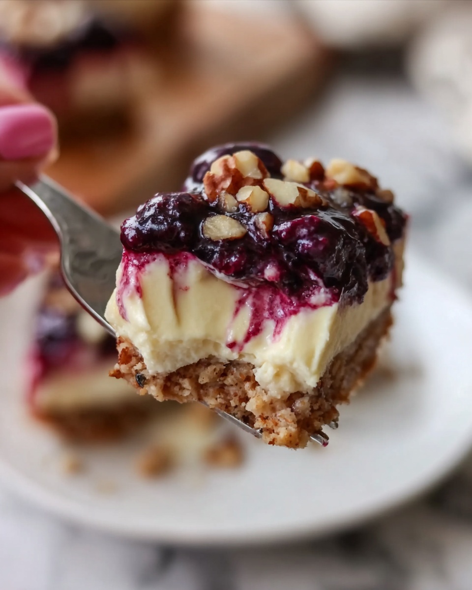 The image shows a close-up of a fork holding a bite of a dessert with three layers. The bottom layer is a crumbly, light brown crust with small nut pieces visible. The middle layer is creamy and pale yellow, smooth in texture. The top layer is a dark purple berry sauce with a slightly shiny finish and tiny pieces of nuts scattered on it. In the background, there is a white plate with the remaining dessert piece resting on a white marbled surface. A woman's hand is holding the fork. Photo taken with an iphone --ar 4:5 --v 7