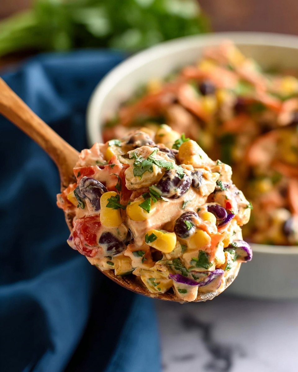 A close-up view of a colorful mixed salad in a white bowl, filled with layers of corn kernels, chopped red cabbage, green herbs, diced tomatoes, black beans, and shredded light orange and white cheese. The textures include soft chopped vegetables with some creaminess from a light dressing, and a wooden spoon resting inside the bowl. The bowl sits on a white marbled surface with some green leaves blurred in the background. Photo taken with an iphone --ar 4:5 --v 7