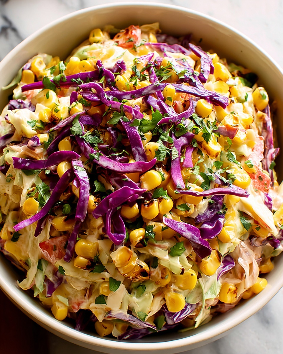 A close-up of a wooden spoon holding a mixed salad with three main layers: the base layer has small pieces of grilled yellow corn and black beans, the middle layer contains diced red tomatoes and chopped green herbs, and the top layer shows a creamy, light orange dressing that covers all the ingredients lightly with some shreds of purple cabbage and sliced carrots visible. The background features a blurred white bowl filled with the same salad and a dark blue cloth, all placed on a white marbled surface. Photo taken with an iphone --ar 4:5 --v 7
