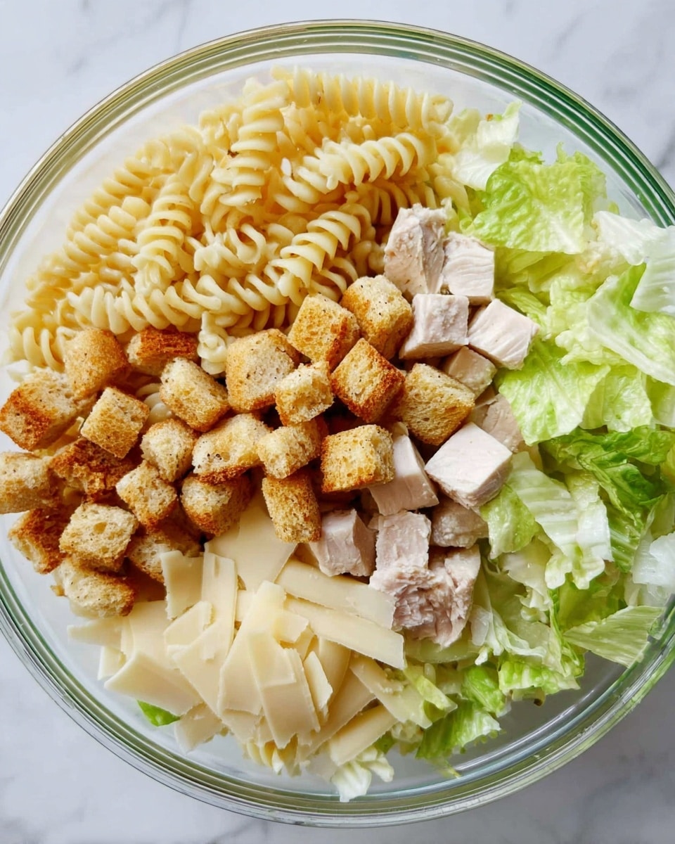 The image shows a clear glass bowl filled with a Caesar salad made of four main layers arranged separately in sections. Starting at the top left is a pile of light yellow spiral pasta with a smooth texture. To the right of the pasta are many small, golden-brown crunchy croutons stacked loosely. Below the croutons and extending to the right bottom section is a bed of fresh, light green torn lettuce leaves with a crisp texture. At the bottom left are thin, pale yellow slices of shaved cheese spread in a small pile. In the middle of all layers are medium-sized cubes of cooked chicken with a light brown outer edge and white inside. The bowl is placed on a white marbled surface. Photo taken with an iphone --ar 4:5 --v 7