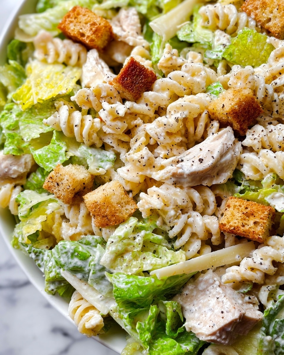 The image shows a close-up of a pasta salad with three main layers. The bottom layer is a bed of fresh, bright green Romaine lettuce leaves that add a crisp texture. The middle layer consists of creamy white rotini pasta spirals mixed evenly throughout. The top layer contains golden brown croutons, white grilled chicken pieces, and thin slices of pale yellow cheese scattered over the salad. The entire dish is sprinkled with black pepper and coated lightly with white creamy dressing. The salad rests on a white plate against a white marbled surface. Photo taken with an iphone --ar 4:5 --v 7