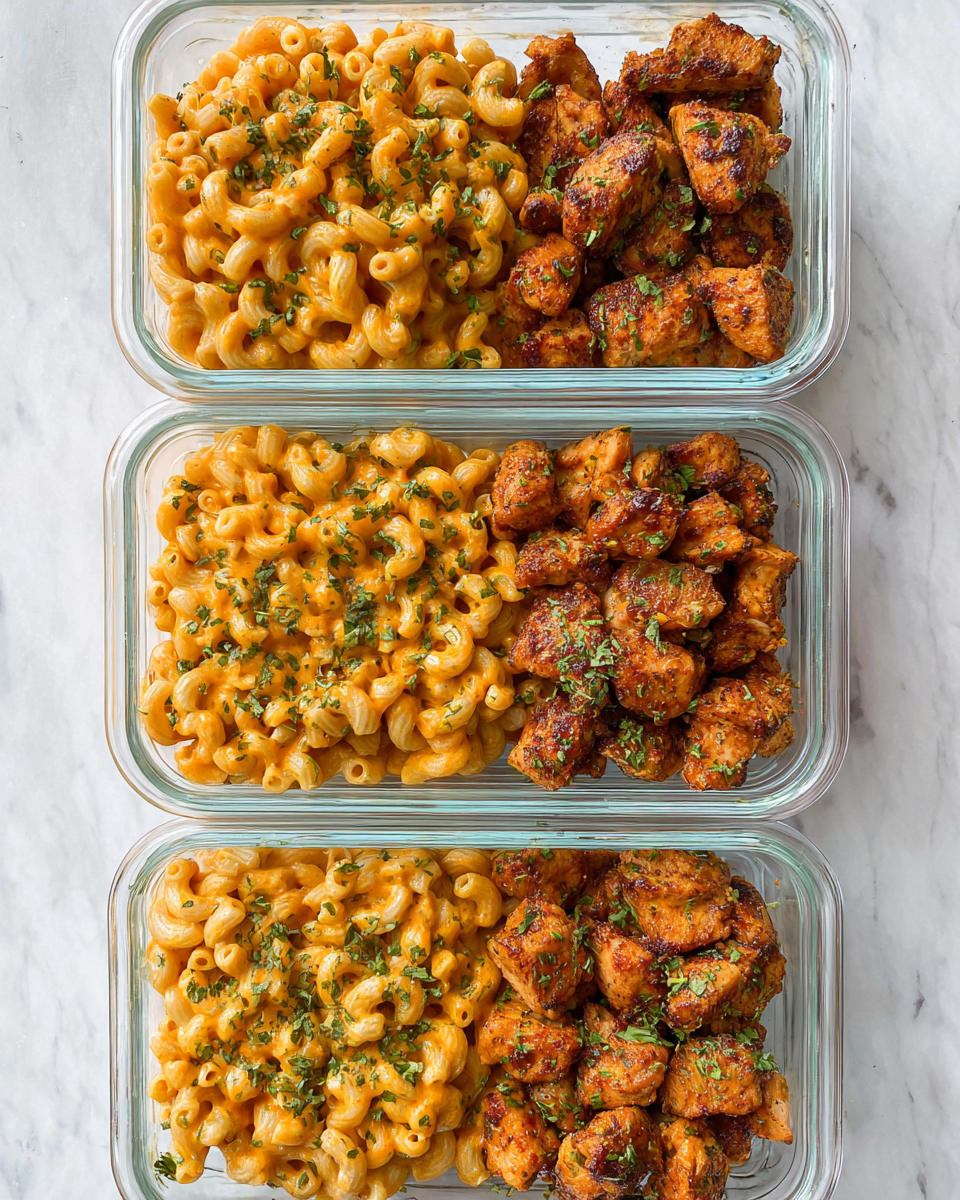 Three clear glass containers are arranged vertically on a white marbled surface, each filled with two distinct dishes side by side. On the left side of every container, there is a generous layer of curly macaroni pasta coated in a creamy, bright orange cheese sauce with bits of green herbs sprinkled on top. On the right side of each container, there are small, golden-brown pieces of cooked chicken with a slightly crispy texture, also garnished with green herbs. The glass containers have clear edges showing the food inside. Photo taken with an iphone --ar 4:5 --v 7
