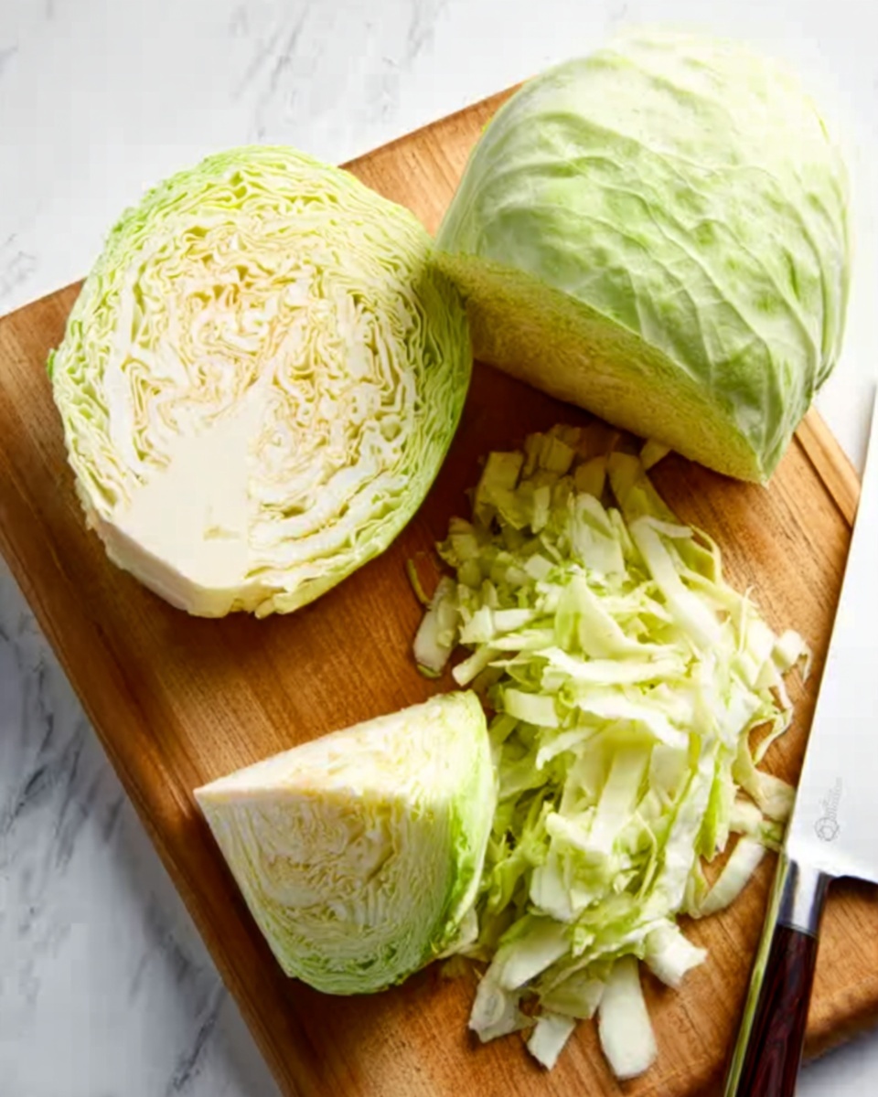 The image shows a wooden cutting board on a white marbled surface with a large silver knife resting on it. There is a whole light green cabbage cut into three pieces: one large quarter positioned upright showing its pale yellow and white layers, one smaller piece laying down, and a pile of thinly sliced cabbage strips spread neatly in front. The texture of the cabbage is fresh and crisp, and the colors range from pale green on the outer leaves to creamy white in the inner layers. Photo taken with an iphone --ar 4:5 --v 7