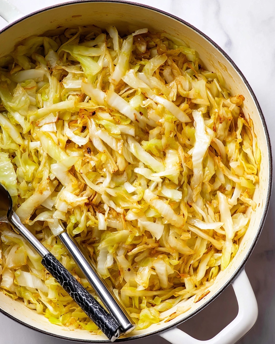 A white bowl filled with cooked cabbage that has a mix of light green and yellowish colors. The cabbage is soft and slightly shiny with some parts showing a bit of browning from cooking. The texture looks tender with thin cabbage strips layered loosely in the bowl. The background is a white marbled surface, and the whole dish has a warm, inviting look. photo taken with an iphone --ar 4:5 --v 7