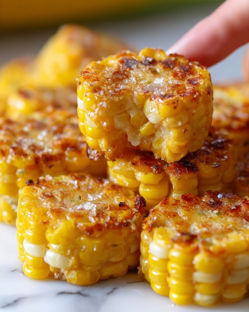 The image shows a close-up of multiple small, round grilled corn pieces stacked on a white marbled surface. Each corn piece has three to four thick layers of bright yellow and white corn kernels, with a slightly charred texture on the top and edges, giving them a crispy golden brown look. The kernels are juicy and shiny, and some pieces have small specks of seasoning and salt on their surface, adding contrast to the yellow and white colors. The focus is on one small corn piece held by a woman's hand above the others. Photo taken with an iphone --ar 4:5 --v 7
