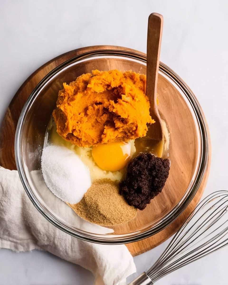 A clear glass bowl sits on a white marbled surface, containing several unblended ingredients side by side: a large dollop of bright orange pumpkin puree on the left, a raw yellow egg yolk with some egg white next to it, a small pile of light tan sugar, and a heap of dark brown sugar on the right side. A wooden spoon mixed partly with the brown sugar rests inside the bowl, touching the edge. Nearby is a metal whisk, and a soft white cloth is partially visible in the upper right corner. The scene is bright and clean, focused on the ingredients before mixing, photo taken with an iphone --ar 4:5 --v 7