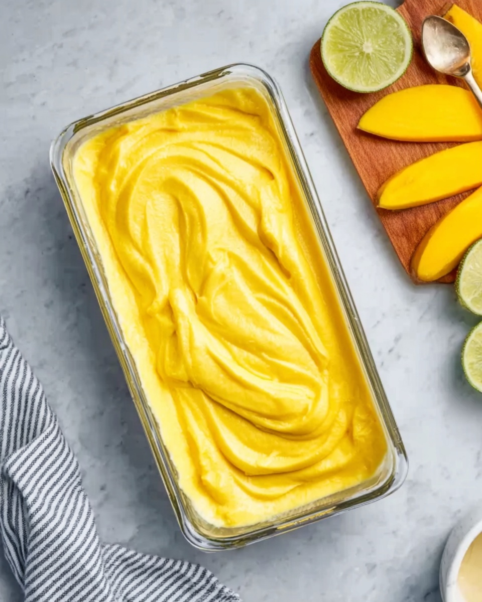 The image shows a clear glass rectangular dish filled with a smooth, bright yellow creamy substance, neatly spread with swirl patterns on its surface. To the right side of the dish, there is a wooden board on a white marbled surface, holding thin yellow mango slices and wedges, with a lime wedge nearby. A striped cloth napkin is placed near the bottom right corner, and part of a white bowl with an unknown content is seen on the left edge. The whole setup is on a white marbled surface. photo taken with an iphone --ar 4:5 --v 7
