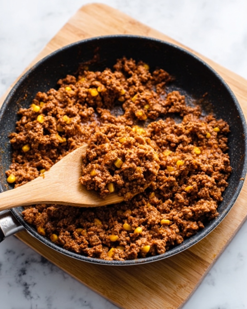 The image shows a black frying pan filled with cooked ground beef mixed with some small pieces of vegetables like diced carrots and corn. A wooden spoon is stirring the mixture inside the pan. The beef looks well browned with a mix of orange and yellow from the vegetables. The pan sits on a wooden board that is placed on a white marbled surface. In the blurred background, there is a hint of a lime wedge and some yellow tortilla chips. Photo taken with an iphone --ar 4:5 --v 7
