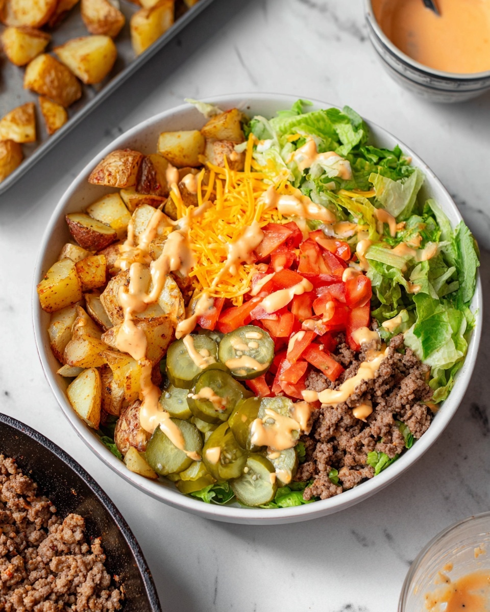 A white bowl filled with a layered dish that includes diced golden brown potatoes on the left, topped with a light orange creamy sauce drizzled over them and other ingredients. Next to the potatoes are sliced green pickles, freshly chopped bright red tomatoes, shredded orange cheddar cheese, green leafy lettuce, and finely chopped cooked ground meat with bits of onion. The dish is arranged in separate sections within the bowl, and the creamy sauce lightly covers the top in streaks. The bowl sits on a white marbled surface with a skillet of ground meat and a tray of potatoes in the background. Photo taken with an iphone --ar 4:5 --v 7