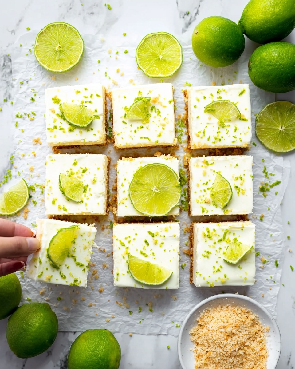 The image shows nine square lime bars arranged in a 3x3 grid on white parchment paper over a white marbled surface. Each bar has two visible layers: a light brown crumbly base and a thick, smooth, creamy white top layer. On top of the creamy layer, there are green lime zest sprinkles and crushed crumbs scattered evenly. Four of the bars have a fresh sliced lime wedge or round lime slice placed on one corner. Around the squares, whole bright green limes and several lime slices are spread across the white marbled background. In the bottom right corner, there is a small white bowl filled with crushed crumbs. A woman's hand is holding the top left square of the lime bars. Photo taken with an iphone --ar 4:5 --v 7