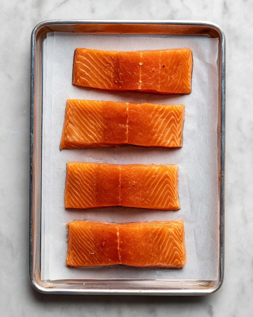 The image shows four rectangular pieces of bright orange salmon fillets placed evenly in a vertical line on a metal baking tray lined with white parchment paper. Each fillet has a smooth, slightly shiny surface with natural salmon lines and a few small darker spots from seasoning. The tray sits on a white marbled surface, giving a clean and simple backdrop. photo taken with an iphone --ar 4:5 --v 7