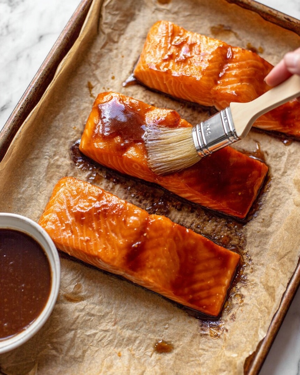 Three thick pieces of glazed salmon lie on a baking tray lined with browned parchment paper. The salmon pieces are orange with a shiny, sticky brown glaze brushed over them. A woman's hand holds a wide brush, spreading more glaze onto the middle salmon piece, making the sauce look smooth and wet. To the left, there is a small white bowl filled with more brown sauce. The tray sits on a white marbled surface. photo taken with an iphone --ar 4:5 --v 7