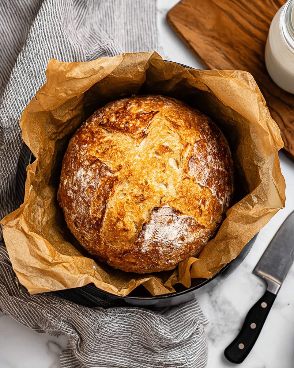 A single round loaf of golden brown bread with a crusty, textured surface sits inside a black pan, lined with crinkled parchment paper. The bread has a slightly cracked top showing its airy inside, and the pan rests on a white marbled surface surrounded by a gray striped cloth, a wooden board, a knife with a black handle, and a white jar with a lid. Photo taken with an iphone --ar 4:5 --v 7