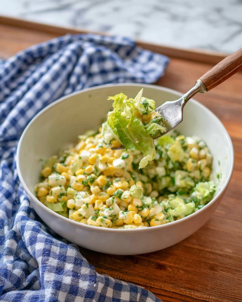 This image shows a white bowl filled with a mixed salad that has three visible layers: the bottom layer is pale yellow corn kernels, the middle layer is chopped green lettuce, and the top layer is finely chopped white onion mixed with green herbs. A fork with a wooden handle lifts a small portion of the salad, showing these layers clearly along with some lettuce leaf sticking out. The bowl is placed on a brown wooden table with a blue and white checkered cloth beside it. The background features a white marbled surface. Photo taken with an iphone --ar 4:5 --v 7