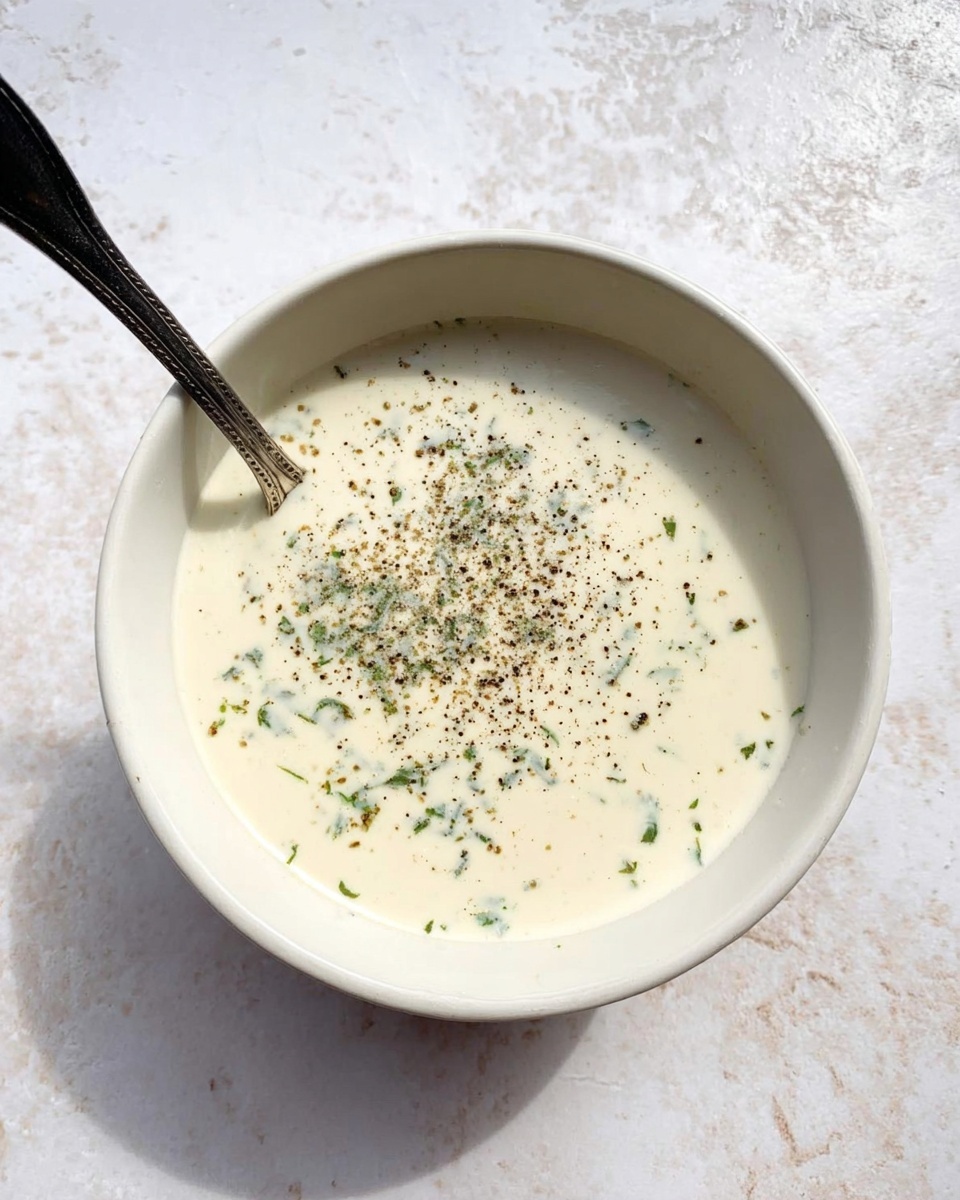 A white bowl filled with a smooth light cream sauce mixed with tiny green herb bits, topped with a light sprinkle of cracked black pepper. A silver spoon with a black handle is partially dipped into the sauce on the left side of the bowl. The bowl is placed on a white marbled textured surface. photo taken with an iphone --ar 4:5 --v 7