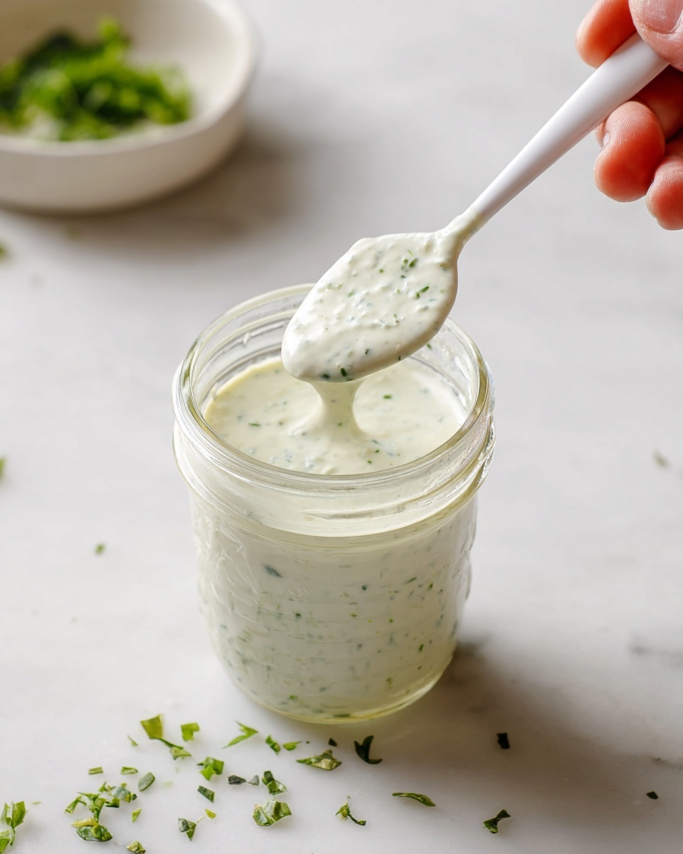 A glass jar filled with a creamy white sauce that has small green herb specks. A white spoon held by a woman's hand dips into the jar, showing the thick texture of the sauce on the spoon. The background and surface are white marble, with a blurred white bowl containing green herbs in the top left corner. Some small green chopped herbs are scattered on the marble surface near the jar. Photo taken with an iphone --ar 4:5 --v 7