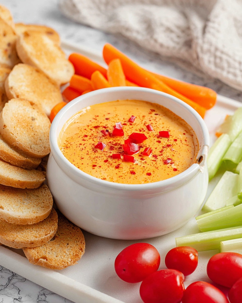A white tray holds a white bowl filled with creamy orange dip topped with small red pepper pieces and sprinkled with red spice, surrounded by a group of round, golden toasted bread slices on the left, bright orange carrot sticks in the middle-right, pale green celery sticks, and red cherry tomatoes scattered on the right lower corner, all set on a white marbled surface with a blurred light textured cloth in the background; photo taken with an iphone --ar 4:5 --v 7
