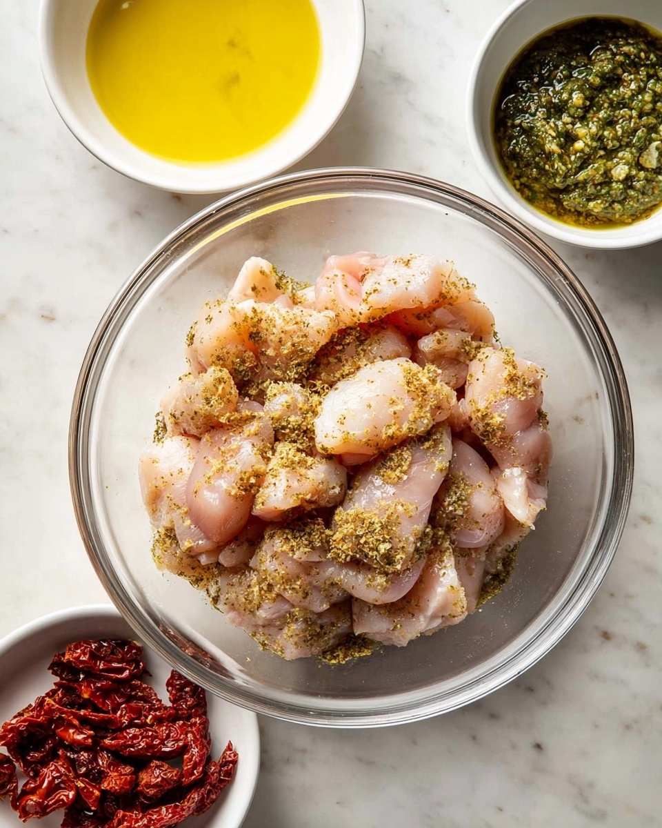 A clear glass bowl in the center holds pieces of raw, light pink chicken coated with greenish-brown dried herbs and spices, giving a textured look. Surrounding this bowl are three white small bowls: one with bright yellow olive oil at the top left, one with dark green pesto at the top right, and one with deep red sun-dried tomatoes at the bottom left, each showing their distinct colors and chunky textures. The bowls and glass bowl sit on a white marbled surface, adding a clean and bright background to the scene. photo taken with an iphone --ar 4:5 --v 7