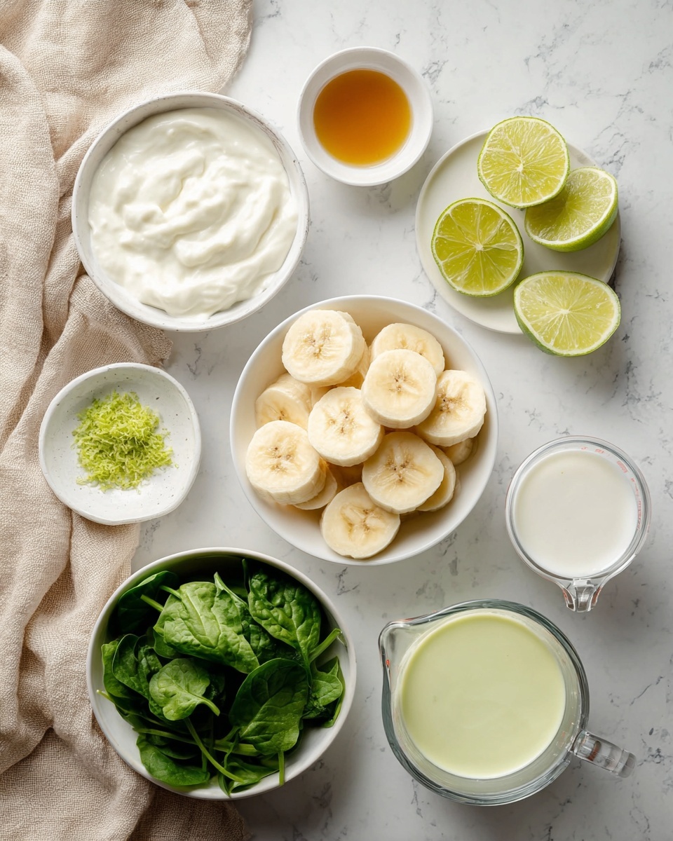 The image shows seven small white bowls and a glass measuring cup arranged on a white marbled surface. At the center is a white bowl filled with round banana slices, pale yellow with light brown centers. To the top left is a bowl with thick creamy white yogurt. Just above the bananas is a small bowl holding a golden-brown liquid. To the right of the bananas is a tiny plate with bright green lime zest. Next to it are two lime halves, showing their light green juicy interior. Below the lime halves is a glass measuring cup filled with a white liquid, and below this is a bowl with a pale yellow-green liquid. At the bottom left is a small white bowl full of fresh dark green spinach leaves. A beige cloth is partially visible at the left edge. Photo taken with an iphone --ar 4:5 --v 7