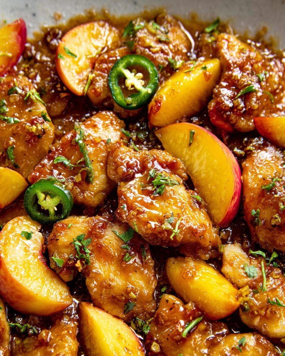 The dish shows several golden-brown cooked pieces of chicken placed closely together, each topped with bright yellow peach slices and green jalapeño slices. The sauce around the chicken is thick and glossy, amber in color with visible black pepper flakes and small bits of herbs like parsley sprinkled on top. The textures show juicy, tender chicken with slightly crispy edges and soft, cooked peaches, all soaking in a rich shiny sauce. The background is a white marbled surface. photo taken with an iphone --ar 4:5 --v 7