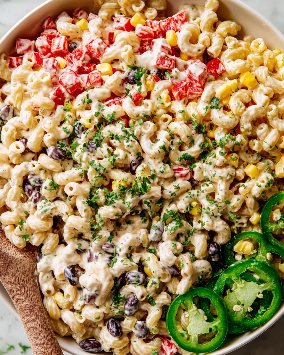 Strawberry Matcha Sago Recipe 5 This close-up image shows a creamy pasta salad with three main layers mixed together. The base is small elbow macaroni pasta covered in a thick, light pink creamy dressing that coats everything evenly. Mixed in are bright yellow corn kernels, small black beans, and diced red bell peppers that add spots of color. On top, fresh chopped green herbs are scattered around, giving a fresh green touch. On the right side, there are a few slices of green jalapeño peppers placed on top for contrast. A wooden spoon is partially visible on the left side, lifting some of the pasta salad against a white marbled surface photo taken with an iphone --ar 4:5 --v 7
