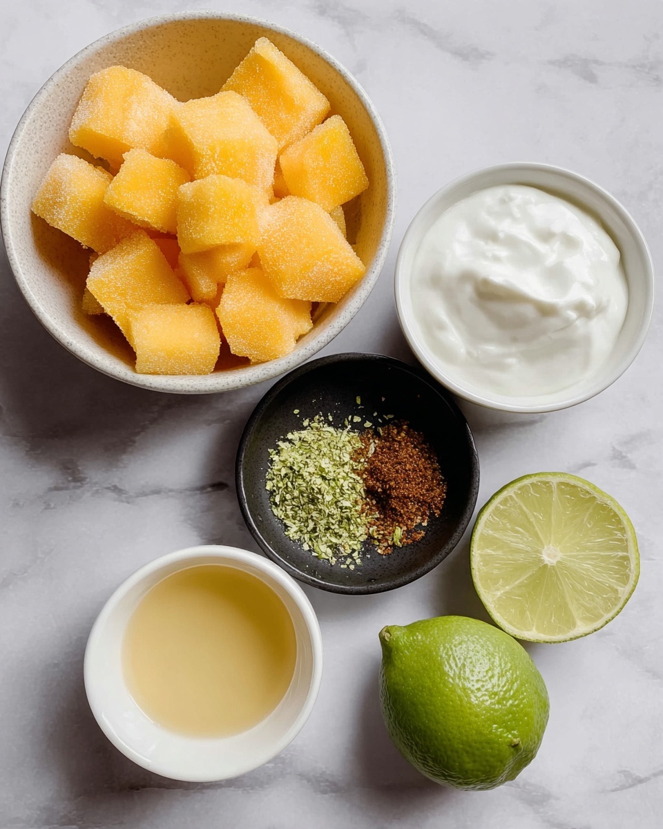 The image shows five bowls placed on a white marbled surface. The largest bowl at the top contains chunky, frozen yellow-orange mango pieces with a frosty texture. To the right, a white bowl holds thick, creamy white yogurt with a slightly uneven surface. Below that, a smaller white bowl contains a pale yellow liquid, likely honey, with a smooth surface. To the left of it, a small black bowl is filled with two piles of fine powders or zest, one green and one reddish-brown, side by side. At the bottom right corner, there is half a green lime with a fresh, wet inside. Photo taken with an iphone --ar 4:5 --v 7
