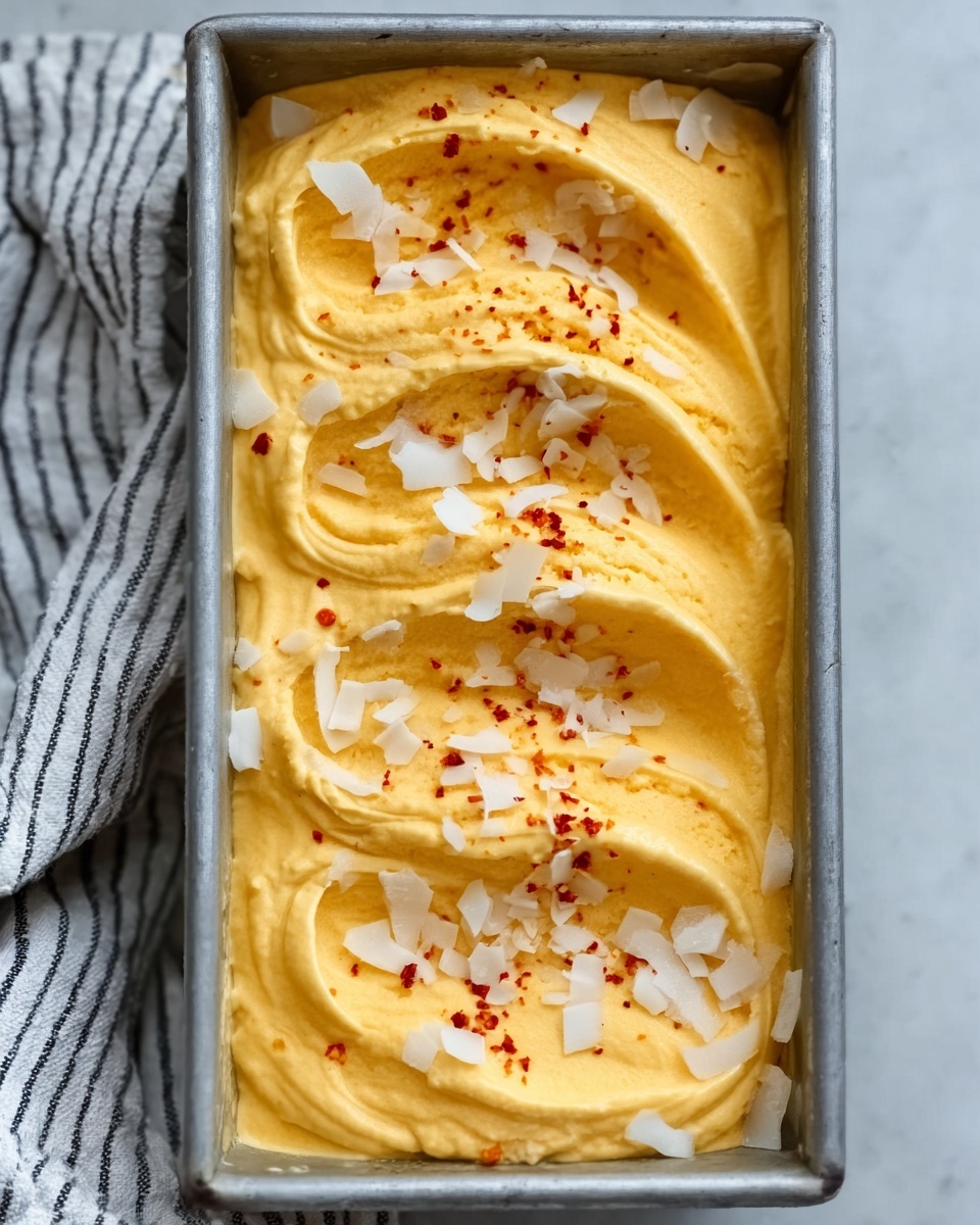 The image shows a rectangular metal pan filled with smooth, creamy yellow mango ice cream that is swirled on top with soft peaks and curves. Small white chunks, likely coconut or meringue pieces, are scattered evenly across the surface, along with a light sprinkle of bright red chili powder adding contrast. The pan is set on a white marbled surface with a gray and white striped cloth partially visible on the side. The texture of the ice cream looks soft and rich, with the light catching the swirls to highlight the creamy consistency. photo taken with an iphone --ar 4:5 --v 7
