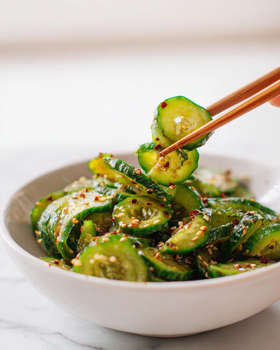 A white bowl is filled with sliced green cucumbers arranged in a loose spiral pattern, all soaked in a reddish-brown sauce with visible sesame seeds and small bits of chili flakes on top, giving a textured look. The cucumbers have a fresh, glossy shine and the sauce pools thickly around them, soaking into the bottom of the bowl. The bowl sits on a white marbled surface next to a pair of light wooden chopsticks and a small bunch of whole cucumbers. A white cloth with red stripes lies nearby, adding a casual, clean vibe to the scene. Photo taken with an iphone --ar 4:5 --v 7
