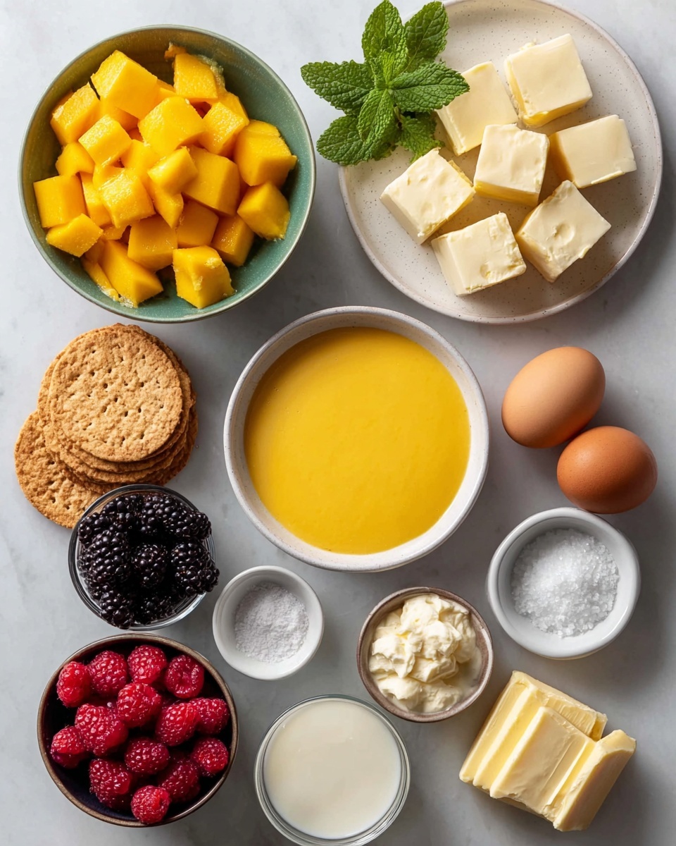 Asian Cucumber Salad TikTok Recipe 4 The image shows an overhead view of various ingredients neatly arranged on a white marbled surface. There are two brown eggs positioned near the top right, next to a stack of round pale crackers. Below the eggs is a small white bowl filled with a yellow custard-like mixture. To the right and below it, a small white bowl contains creamy condensed milk, with a collection of diced mango pieces scattered beside it. On the top left, a glass bowl holds more diced mango, while a sprig of fresh green mint leaves lies beside it. A small white plate with cubes of butter is near the mango bowl, and a small green bowl filled with coarse white sugar sits at the bottom left. Next to it, a white bowl contains fine salt, and another small white dish holds chunks of white cheese. To the right of these bowls, a dark small bowl contains a mix of red raspberries and blackberries. The layout is clean and colorful with a natural light highlighting the fresh textures. photo taken with an iphone --ar 4:5 --v 7