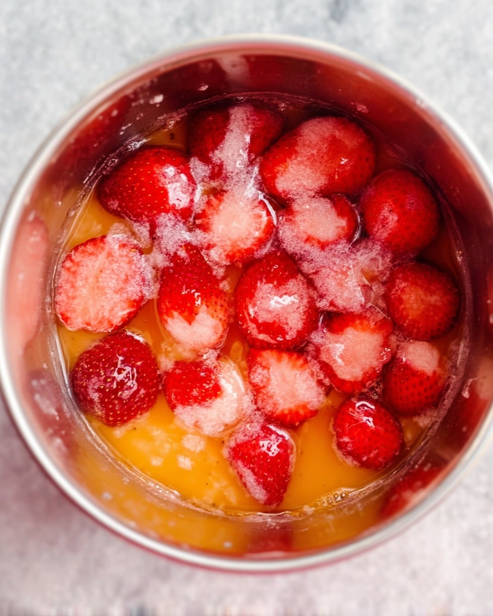The image shows a close-up top view of a metal container filled with halved strawberries at the bottom, their bright red color contrasting with the glistening orange liquid surrounding them. White granulated sugar is sprinkled unevenly over the strawberries, creating a textured layer that partially covers the fruit. The shiny metal surface reflects soft light, highlighting the colors and textures. The background is a white marbled texture. Photo taken with an iphone --ar 4:5 --v 7