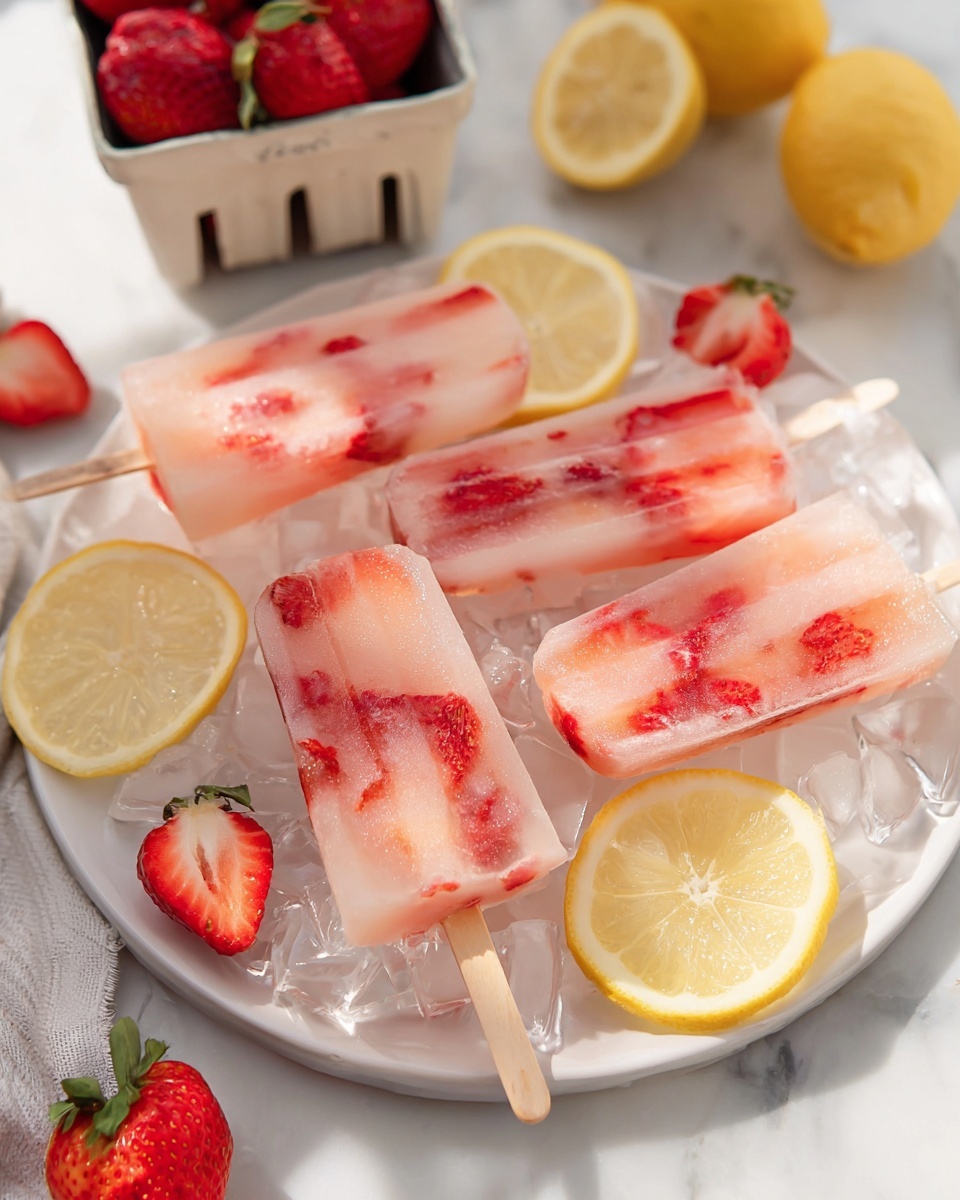 The image shows three pale pink popsicles stacked on a white plate with a gold edge, placed on a white marbled surface. The popsicles have small pieces of red strawberries inside them, visible through the translucent icy texture. A fresh strawberry lies next to the plate, adding a bright red color contrast. The overall look is cool and fresh, with soft natural light highlighting the cold texture of the popsicles and the slight shine on the plate. Photo taken with an iphone --ar 4:5 --v 7
