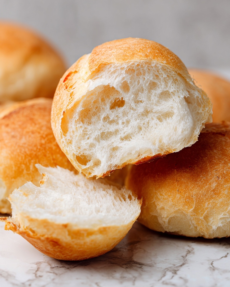 This image shows a close-up view of freshly baked bread rolls on a white marbled surface. The bread rolls have a golden brown crust that is slightly cracked, with a soft, light, and airy white inner crumb that looks fluffy and full of small holes. One bread roll is shown whole while another is broken open to clearly show the texture inside. The background is blurred, keeping the focus on the bread rolls. Photo taken with an iphone --ar 4:5 --v 7