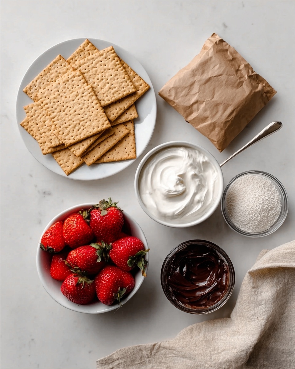 The image shows a clean layout of food items on a white marbled surface. At the top left, there is a white plate full of square crackers arranged neatly in layers. To the right of the plate, there is a sealed brown paper pouch, slightly crumpled. Below the crackers, there is an open white bowl with smooth white cream, and to its right, a clear container filled with a white granular substance. At the bottom left, a white bowl is filled with bright red strawberries stacked loosely. Next to the strawberries, on the right, sits a small dark container with shiny dark chocolate spread. A light beige cloth napkin is folded softly at the bottom right of the image. photo taken with an iphone --ar 4:5 --v 7