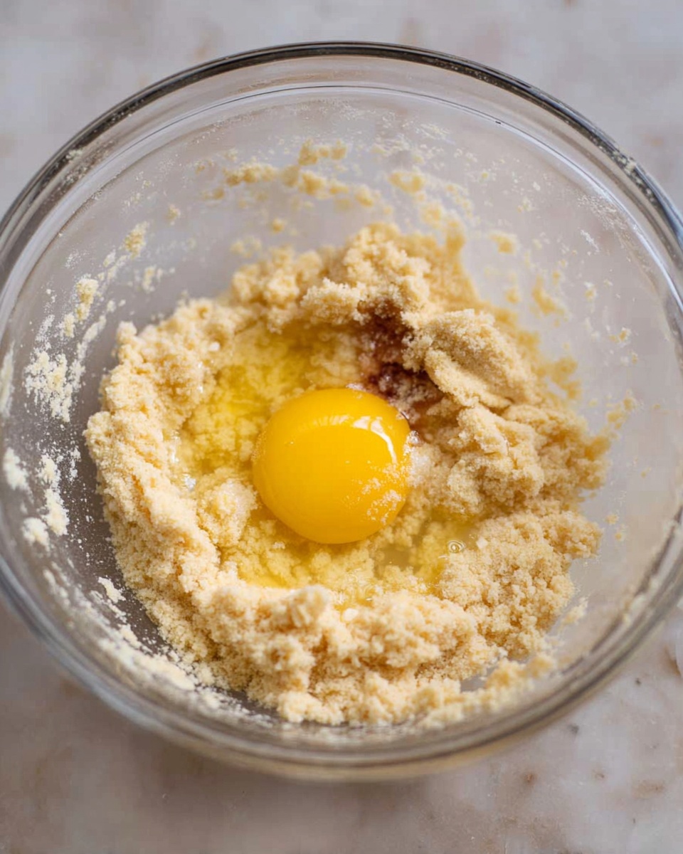 A clear glass bowl holds two layers of mixture: the bottom layer is thick and grainy with a light beige color, while the top layer has a bright yellow raw egg yolk surrounded by a clear egg white. The mixture looks soft and slightly crumbly, filling the bowl unevenly with some small patches of dry mixture around the edges. The bowl is placed on a white marbled surface. photo taken with an iphone --ar 4:5 --v 7