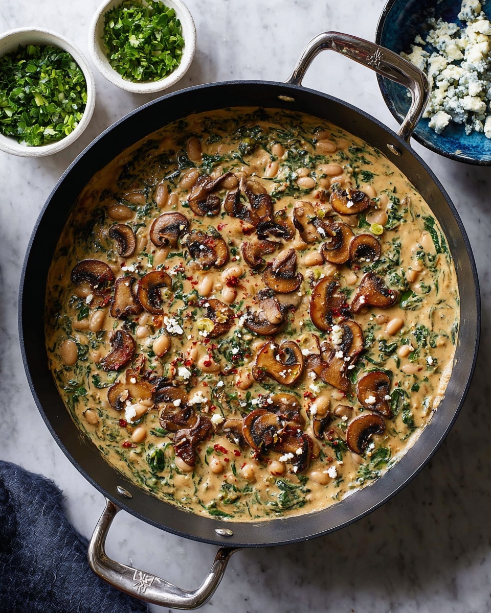 A black pan with silver handles holds a creamy dish that has three main layers; the bottom layer is thick and beige with green leafy bits spread evenly throughout, the middle layer shows many small white beans mixed in, and the top layer has browned sliced mushrooms scattered all over, some crispy edges showing. The creamy base has some small red flakes and white crumbles sprinkled on top. In the upper left corner, there are two small bowls, one white with chopped greens and one blue with crumbled white cheese, all on a white marbled surface. photo taken with an iphone --ar 4:5 --v 7