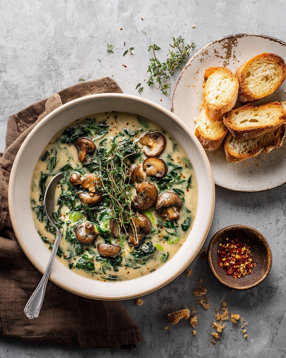 A white bowl holds creamy soup with three main layers: a smooth light beige base, a middle layer of dark green leafy vegetables, and a top layer of whole and halved brown mushrooms scattered across, with sprigs of fresh thyme on top; a silver spoon rests inside the bowl on the left side. To the right, a white plate contains three pieces of golden brown toasted bread, placed on a folded brown napkin. A small brown dish with red chili flakes sits at the bottom right. The items rest on a white marbled textured surface with some bread crumbs scattered around. photo taken with an iphone --ar 4:5 --v 7