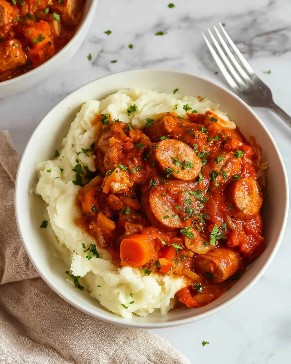 This image shows a white bowl filled with two layers of food. The bottom layer is creamy mashed potatoes in a soft white color with a smooth texture. On top, there is a thick, chunky tomato-based stew rich in reddish-orange hues, containing pieces of cooked sausage, slices of carrot, and bits of onion and beans. The stew is garnished with small green herbs scattered over the top, adding a fresh contrast to the warm colors. The bowl is placed on a white marbled surface, with part of a beige cloth visible nearby. A silver fork lies beside the bowl. Photo taken with an iphone --ar 4:5 --v 7