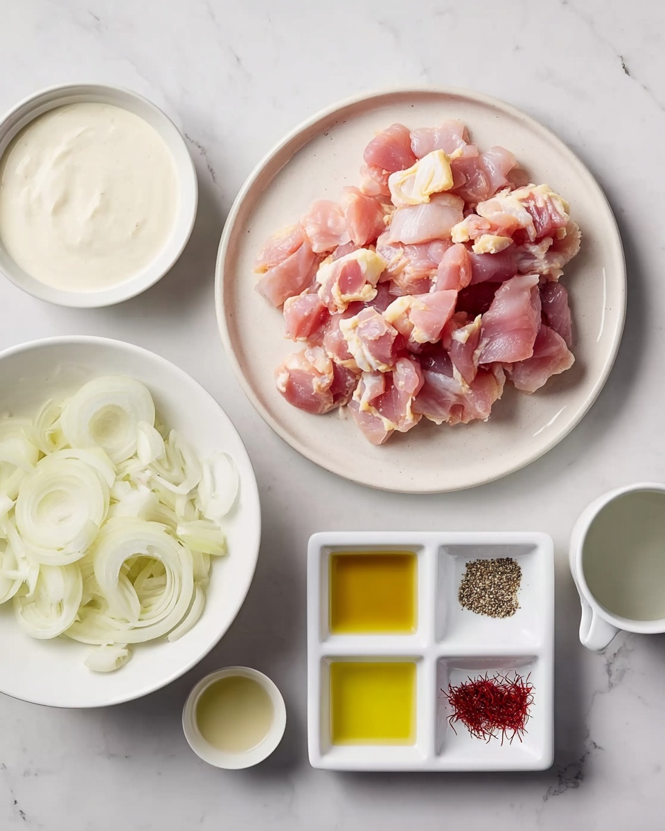 On a white marbled surface, a white plate holds a single layer of raw chicken pieces in pink and light yellow shades, positioned in the center. To the left of the plate, two white bowls are placed one above the other; the top bowl contains sliced pale green and white onions with a fine texture, and the bottom bowl holds a creamy white sauce with a smooth texture. To the right of the plate, a small white cup filled with clear liquid sits beside a small square white dish with four compartments; the top left compartment has white salt, the top right has black pepper, the bottom left is filled with golden yellow oil, and the bottom right holds red saffron threads. Above the small cup, a tiny rectangular white dish contains a small amount of light yellow liquid. The entire scene is evenly lit, with soft shadows and sharp details. Photo taken with an iphone --ar 4:5 --v 7