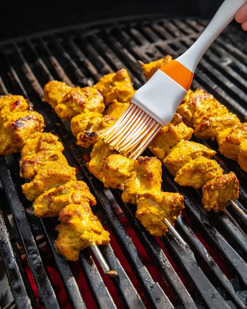 The image shows four skewers of yellow-orange marinated pieces of meat grilling on a black grill rack. The meat pieces are irregular in shape and closely packed on each skewer. A woman's hand is holding a white and orange brush, brushing sauce or marinade over the top skewer. The grill bars are dark and the bottom part shows a hint of red heat. The background is out of focus with the focus on the skewers. photo taken with an iphone --ar 4:5 --v 7